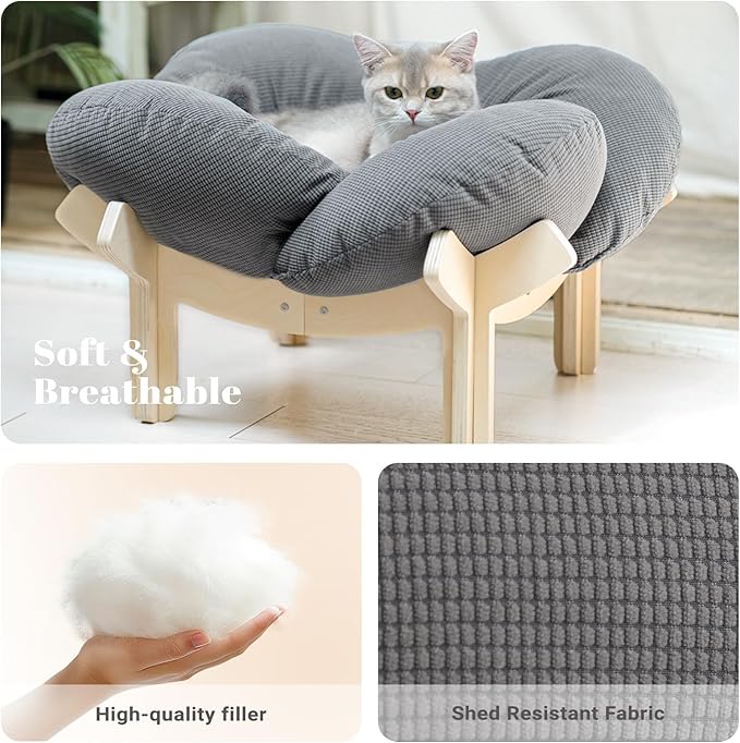 CHEERHOME PETS Elevated Cat Bed Wooden with Cushion Fluffy Pet Couch Sofa for Indoor Cats Raised Kitty Lounge Chair Suitable for Puppy, Cat Furniture(Gray)