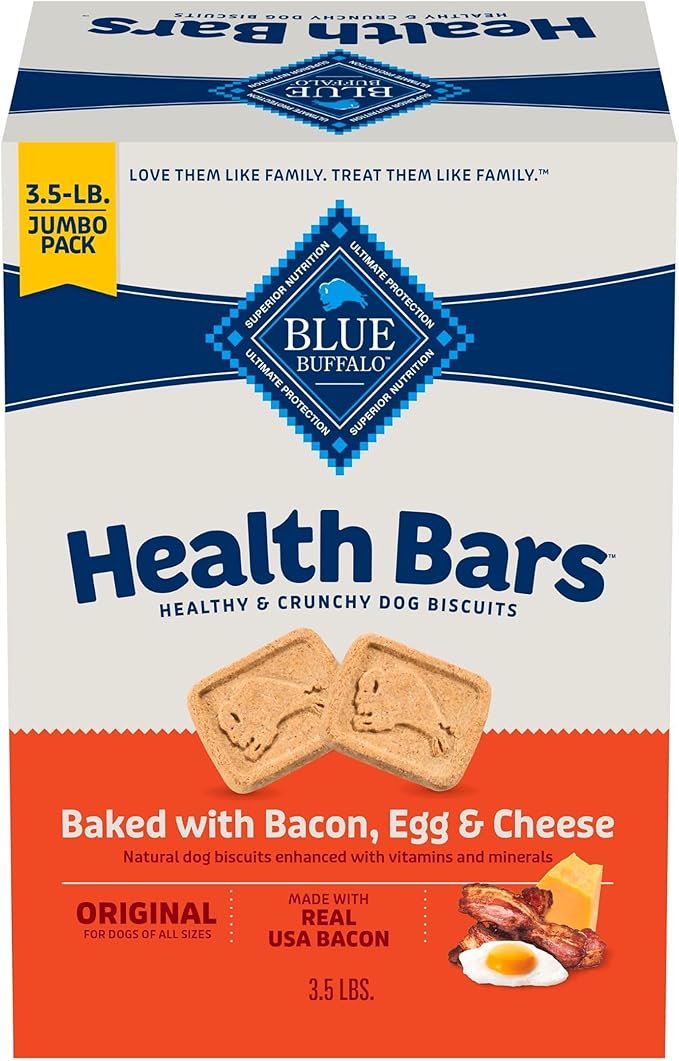 Blue Buffalo Health Bars Bacon, Egg & Cheese Crunchy Dog Biscuits, Oven-Baked with Real Bacon & Natural Ingredients, Healthy Dog Treats with No Artificial Flavors or Preservatives, Jumbo Box 3.5 lbs.