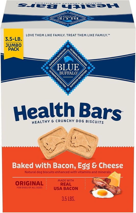 Blue Buffalo Health Bars Bacon, Egg & Cheese Crunchy Dog Biscuits, Oven-Baked with Real Bacon & Natural Ingredients, Healthy Dog Treats with No Artificial Flavors or Preservatives, Jumbo Box 3.5 lbs.