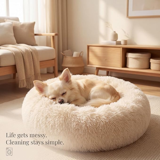 Calming Donut Dogs Beds for Small Dogs Washable,19inch Fluffy Round Puppy Bed for Puppies,Cats & Toy Breeds with Raised Rim,Fits up to 15 lbs Pets,Beige