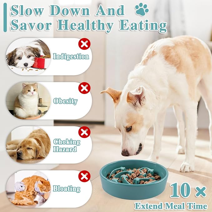Ceramic Slow Feeder Dog Bowls, 2 Cups Dog Food Dish for Medium and Large Breed, Puzzle Dog Food Bowl for Fast Eater, 28OZ, 8.15 inch(Dark Green)