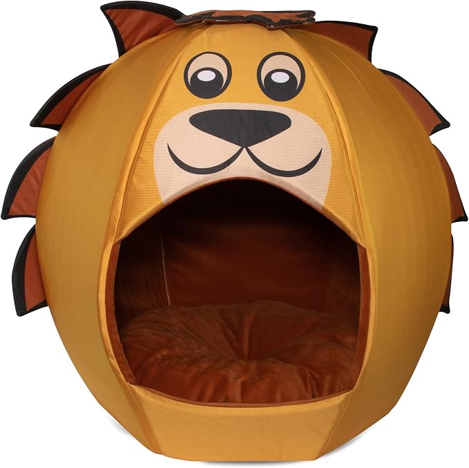 Maccabi Art Lion Theme Dog Bed - Cute Igloo Style Pet Bet - Fits Small Dogs, Puppies, Cats - Pillow Insert with Plush Lined Interrior, Non-Slip Igloo Design - 16 x 16 x 18