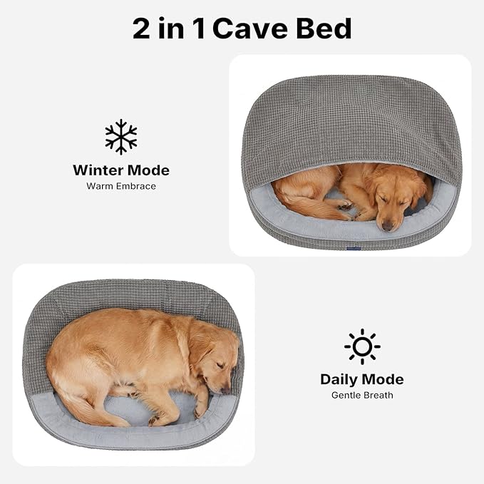 Veehoo 2 in 1 Dog Bed with Cover Cave, Large Dog Beds Indoor with Hooded Blanket, 42 inch Cozy Dogs Cave Bed with Removable Washable Cover for Large Size Dogs Up to 90 lbs