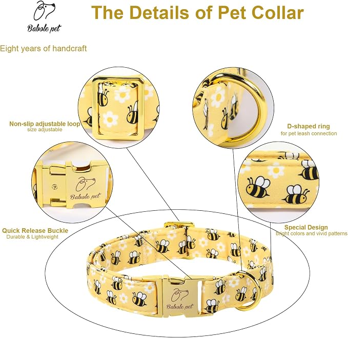 Yellow Bee Dog Collar, Cute Spring/Summer Cartoon Boy Girl Dog Collars, Adjustable Heavy Duty Male Female Dogs Collar for Small Medium Large Dogs with Metal Buckle L
