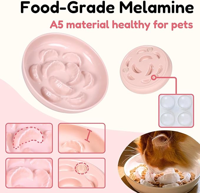 Unbreakable Slow Feeder Bowl - Melamine Puzzle Cat Bowl for Slow Eating - Cat Plates for Wet & Dry Food- Dishwasher Safe & Non Slip Design - (Pink, 1 Pack - 6.3" W*1.5H)