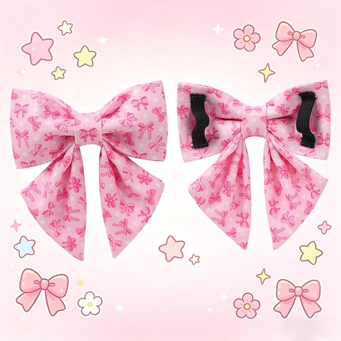 Pink Bow Dog Collar with Bowtie, Adjustable Cotton Puppy Collar with Charm and Metal Buckle, Bowtie Dog Collars for Small Medium Dogs