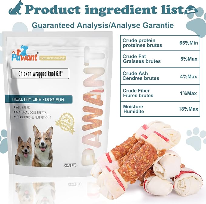 Chicken Wrapped Rawhide Bones Dog Treats, 6.5 Inch Large Knots for Medium and Large Dogs, High Protein 65% Long Lasting Dog Chews, 8 Ounces