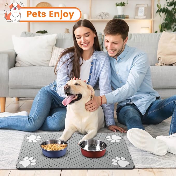 Pet Feeding Mat-Absorbent Pet Placemat for Food and Water Bowl, with Waterproof Rubber Backing, Quick Dry Water Dispenser Mat for Dog and Cat (32"x22", Striped Light Gray)