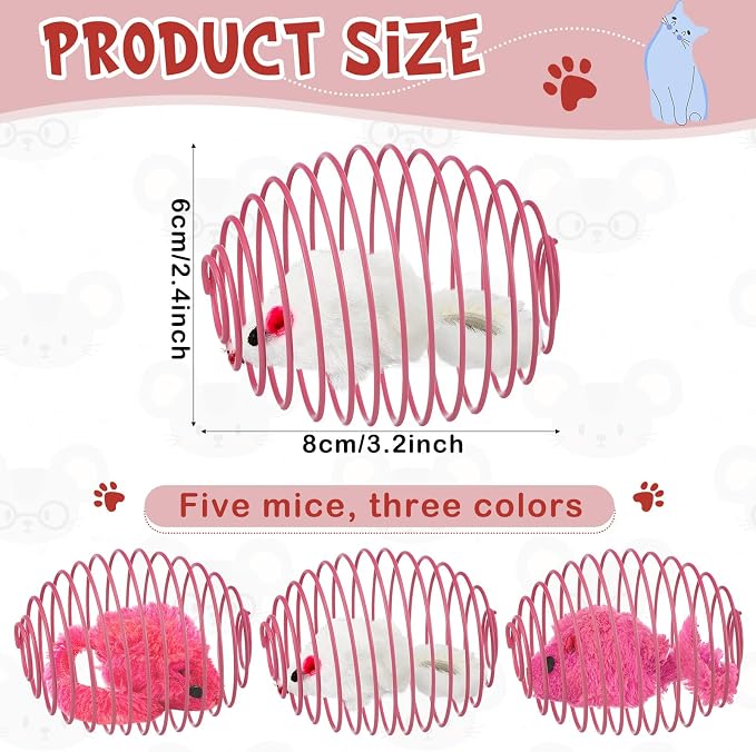 Jecery 5 Pcs Cat Spring Balls Toys Stretchable Rolling Balls Colorful Playful Coils Interactive Action Toy Caged Rats for Kitten Pet Supplies (Mouse,Pink)