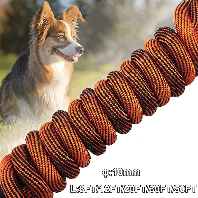 BTINESFUL Tie-Out Check Cord Long Rope Dog Leash, 8ft 12ft 20ft 30ft 50ft 75ft Dog Lead- Large Medium Dogs Tether for Yard Training, Playing, Camping, or Backyard (30ft, Orange Black)