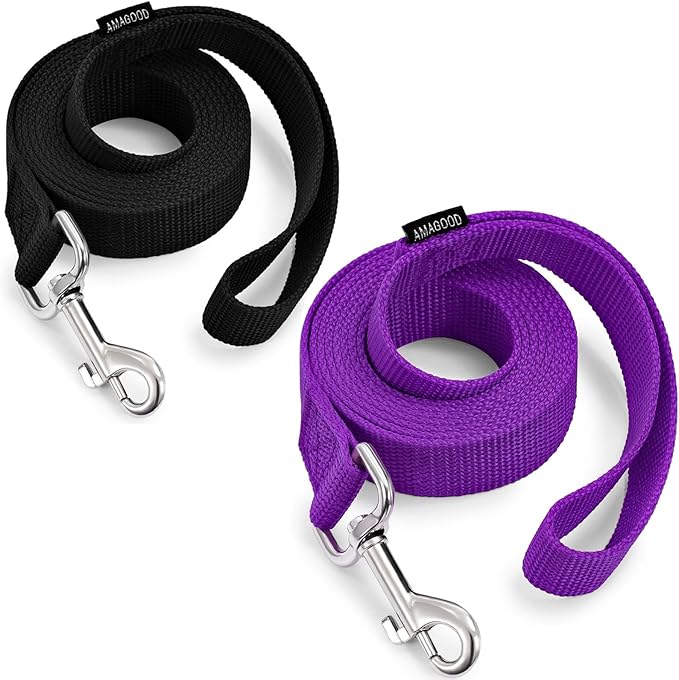 AMAGOOD 6 FT Puppy/Dog Leash, Strong and Durable Traditional Style Leash with Easy to Use Collar Hook, Great for Small, Medium and Large Dogs (1" x 6 ft, Black and Purple (2-Pack))