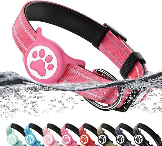Airtag Dog Collar, Reflective Ultra-Durable Nylon Padded with QR Buckle & IP68 Waterproof Air Tag Holder Compatible for Apple AirTag, Comfortable for Small Medium Large Dogs (Hot Pink,XL)