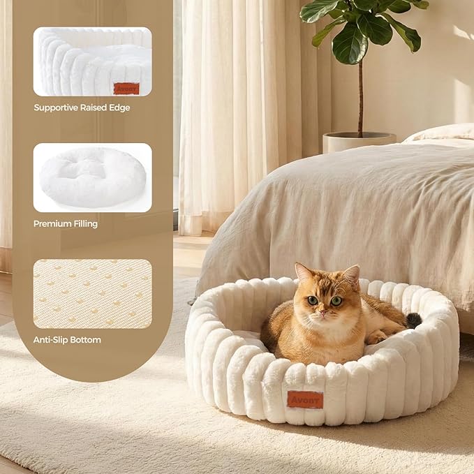 Avont Fluffy Cat Bed for Indoor Cats, Cozy Plush Sleeping Nest for All Sleep Styles, Washable Removable Cushion & Anti-Slip Base, Calming Round Bed for Kittens & Small Dogs – Cream(S)