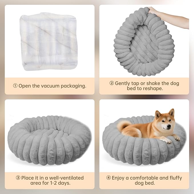 Donut Dog and Cat Bed, Luxurious Comfortable Faux Rabbit Fur Pet Beds, Round Anti-Anxiety Calming Puppy Kitten Bed with Anti-Slip Bottom for Small Medium Dogs & Cats(20", Grey)
