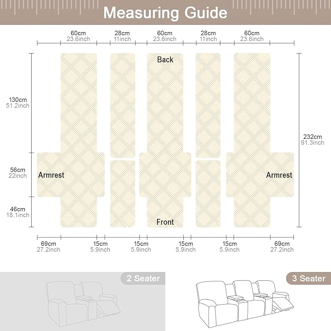TAOCOCO 100% Waterproof Recliner Couch Covers with Console, Sofa Covers for Reclining Sofa 3 Seat with Straps Design, Split Recliner Sofa Cover Furniture Pets Kids Protector (3 Seater, Cream)