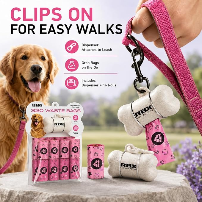 RBX Dog Poop Bags with Leash Holder, 320 Bags, 16 Refill Rolls | Clip-On Dispenser, Durable Leak-Proof, Recyclable Material