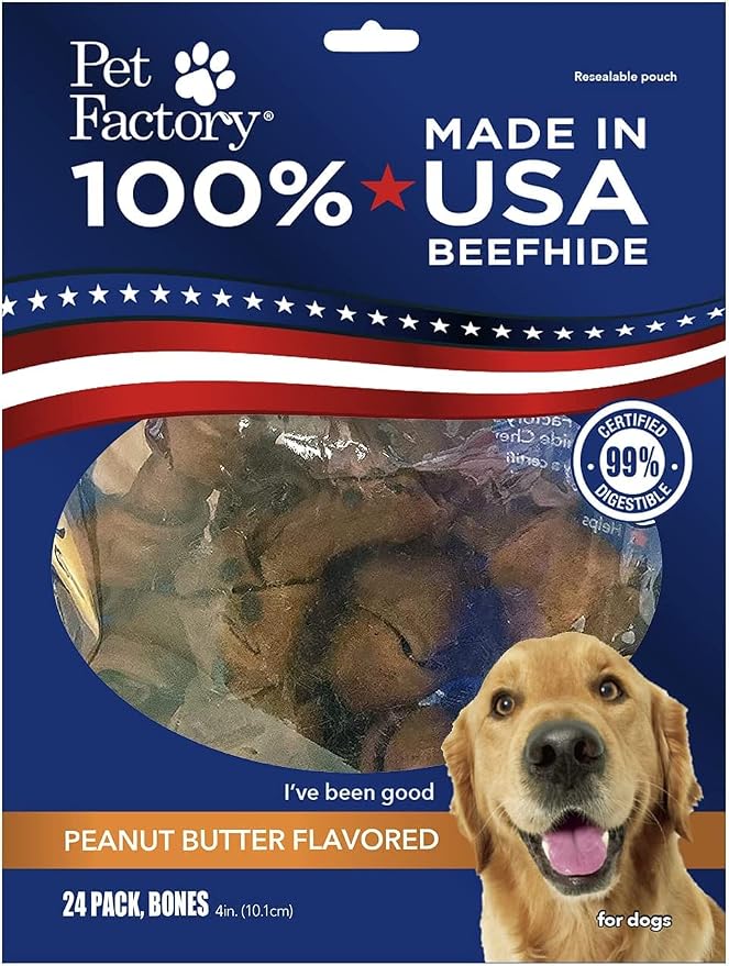 Pet Factory 100% Made in USA Beefhide 4" Knotted Bones Dog Chew Treats - Peanut Butter Flavor, 24 Count/1 Pack