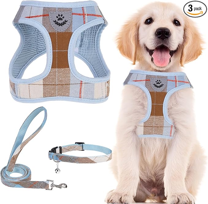 PUPTECK Adjustable Dog Harness Collar and Leash Set Step in No Pull Pet Harness for Small Medium Dogs Puppy and Cats Outdoor Walking Running, Soft Mesh Padded Reflective Vest Harnesses, BlueBrown XS