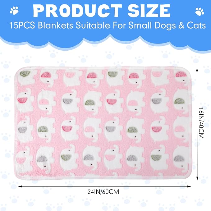 Chumia 15 Pcs Blankets for Dog Cat Soft Fluffy Fleece Washable Pet Dog Pattern Print Fleece Blankets for Pets Throw Warm Bed Mat for Puppy Cat 3 Colors, 24 x 16 Inches(Elephant)