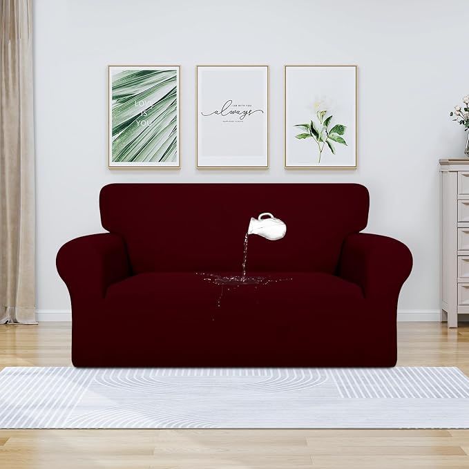 PureFit 100% Dual Waterproof Couch Cover Slipcovers for Couches and Sofas - Stretch Non Slip Fleece Sofa Covers Washable, Leakproof Furniture Protector for Kids, Pets, Dog (Loveseat, Wine)
