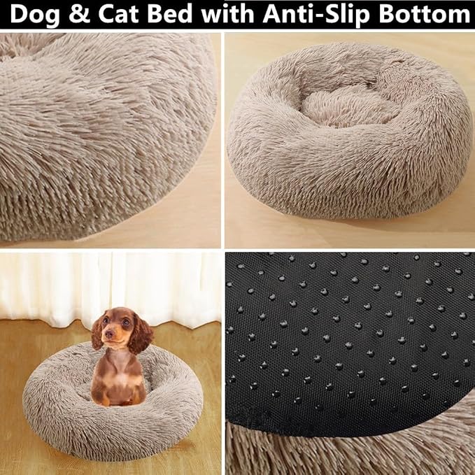Calming Donut Dog Bed Cat Bed, 20 Inch Fluffy Anti-Anxiety Washable Cute Round Bed, Plush Cuddler Warming Cozy Soft Comfort Pet Puppy Bed for Small Medium Dogs and Cats, Grey White