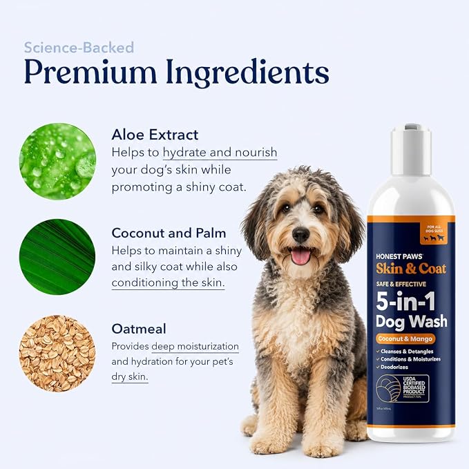 Honest Paws Dog Shampoo and Conditioner - Premium Dog Wash for Allergies and Dry, Itchy, Moisturizing for Sensitive Skin - Sulfate Free, Plant Based, All Natural - Coconut & Mango -16 Fl Oz