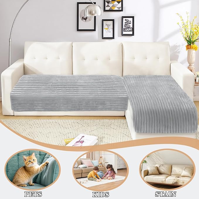NAISI Couch Covers for Dogs Waterproof Flannel Striped Sofa Cover Pet Friendly Washable Dog Mat for Couch Anti Slip Sectional Sofa Slipcover Protector(2pcs/35"x63"+35"x70",Light Grey)