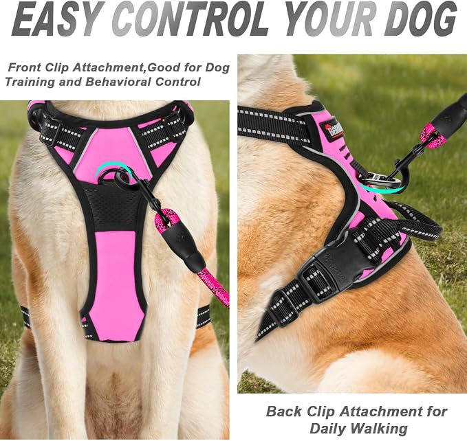 BARKBAY No Pull Dog Harness Front Clip Heavy Duty Reflective Easy Control Handle for Large Dog Walking(Pink,XL)