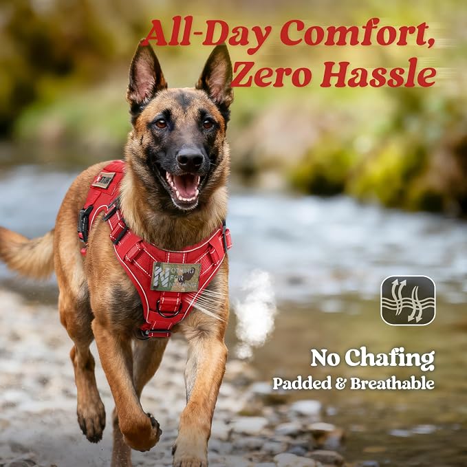 rabbitgoo Tactical Dog Harness for Large Dogs, No Pull Upgraded Reflective Heavy Duty Molle Vest with Handle, Adjustable Military Service Dog Vest for Walking Hiking Training, Red, XL