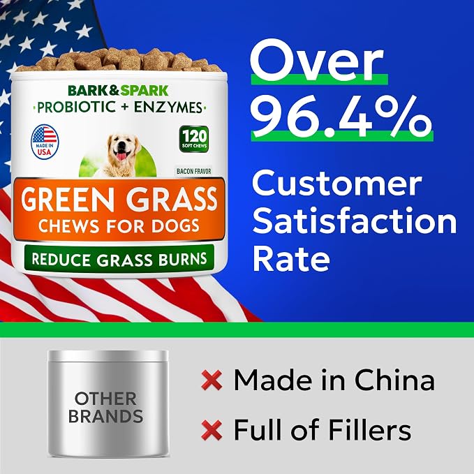 BARK&SPARK Green Grass Dog Chews – Dog Pee Grass & Urine Neutralizer for Lawn, Grass Burn Spot Chews with Probiotics & Enzymes, Helps Reduce Lawn Burn from Dog Urine (120 Soft Chews)