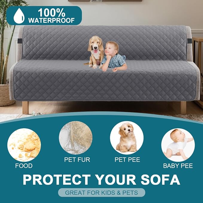 Turquoize 100% Waterproof Futon Cover Futon Slipcover Washable Armless Sofa Bed Slipcover Protector Seat Width Up to 70" with Adjustable Elastic Strap Anti-Slip for Dogs, Gray