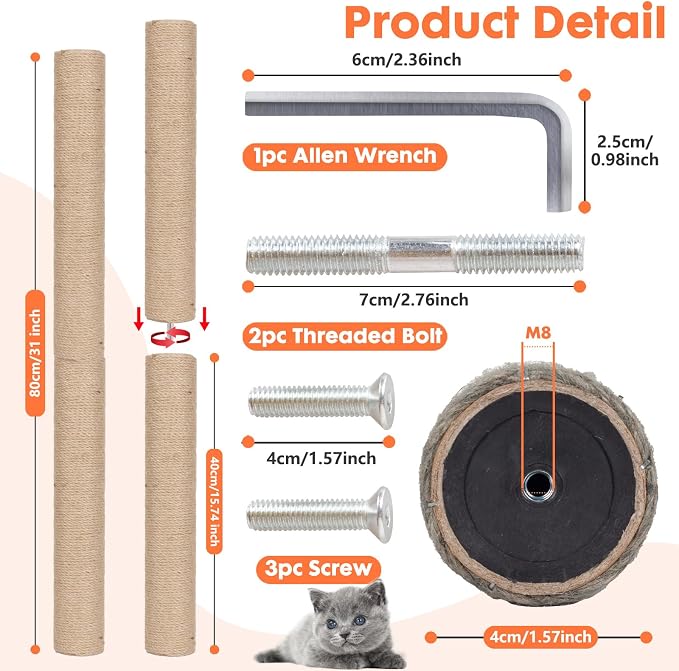 PowerKing Natural Sisal Replacement Scratching Post, 15.7'' 2 Pieces M8 Cat Scratch Post Refill Pole Parts for Refurbishment, Include Screws (Natural)