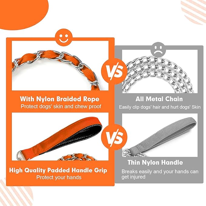 Heavy Duty Metal Dog Chain Leash with Comfortable PU Leather Padded Handle, Chew Proof for Medium Large Pooch Walking Training (6FT 3.0mm Orange)