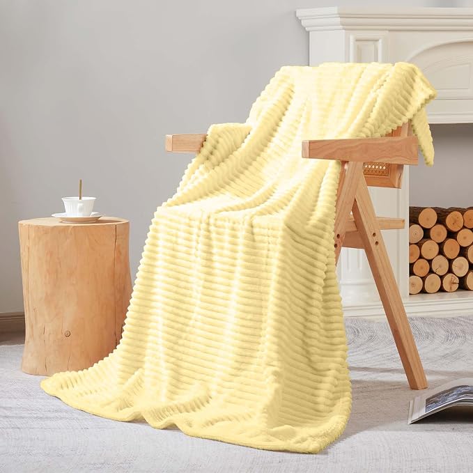 Bnuitland Light Yellow Flannel Throw (50X71 inches) with Pillow Cover(18×18"),300GSM Super Soft Fleece Stripe Pattern Sofa Blanket, Lightweight Cozy Bed Throw for Home Decor All Season