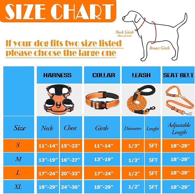 LOBEVE No Pull Dog Harness, Collar & Leash Set | Includes Dog Seat Belt, Collapsible Bowls & Poop Bag Dispenser. Ideal for Training, Walking, Hiking. Fits Small to Large Dogs(Orange-XL)