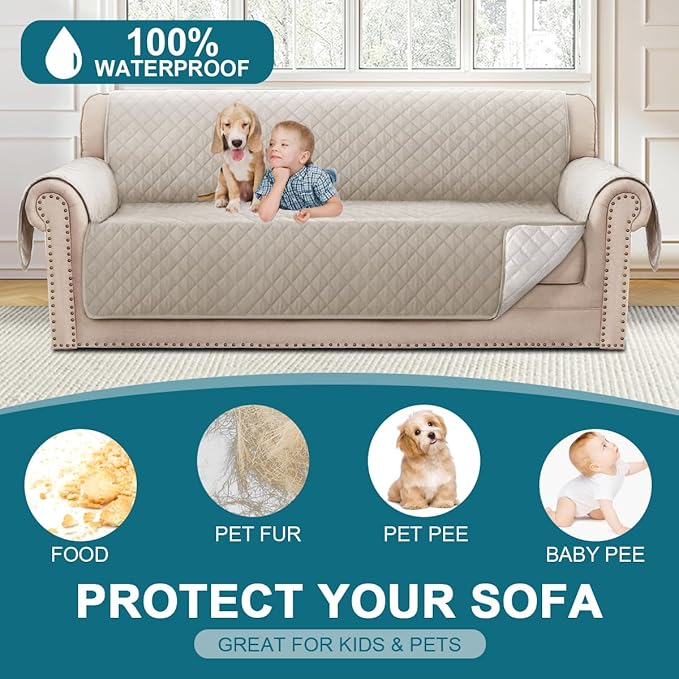 Turquoize 100% Waterproof Sofa Covers Couch Cover Sofa Cover for Dogs Couch Protector Triple Non-Slip Sofa Slipcover for 3 Cushion Couch Furniture Protector for Pets, Kids,Dog (XL Sofa 78", Pale Oak)