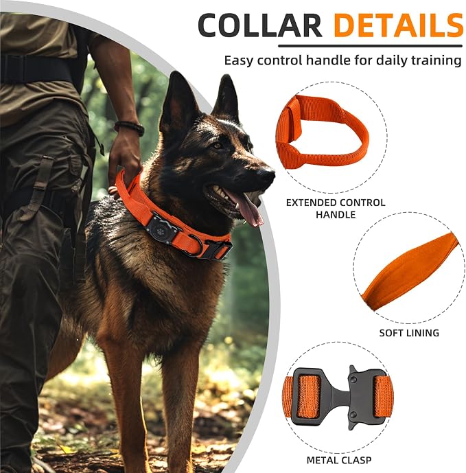 Tactical AirTag Dog Collar, 100% Waterproof Integrated Apple Air Tag Dog Collars with Hard PC AirTag Holder, Adjustable Military Collar with Handle, GPS Dog Collar for Medium Large Dogs(Orange,XL)