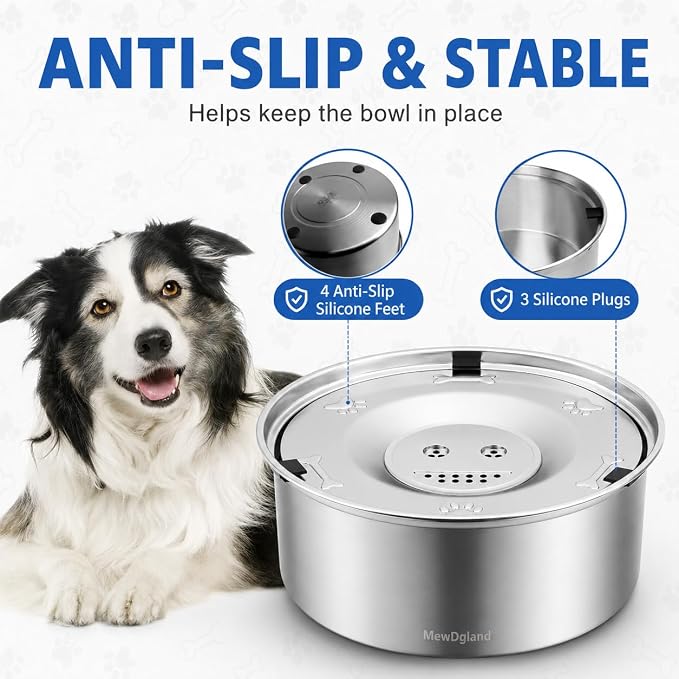Dog Water Bowl No Spill, 3L/101oz Stainless Steel Slow Feeder Dog Bowl with Floating Disk, Spill Proof Dog Water Bowl Dispenser for Messy Drinkers, Anti Splash Large Dog Bowl with Filter