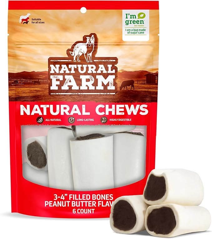 Natural Farm Peanut Butter Filled Bones (3-4 Inch, 6 Count), Limited Ingredient, Natural Stuffed Dental Dog Bone Treats for Dogs, Made with Real Beef