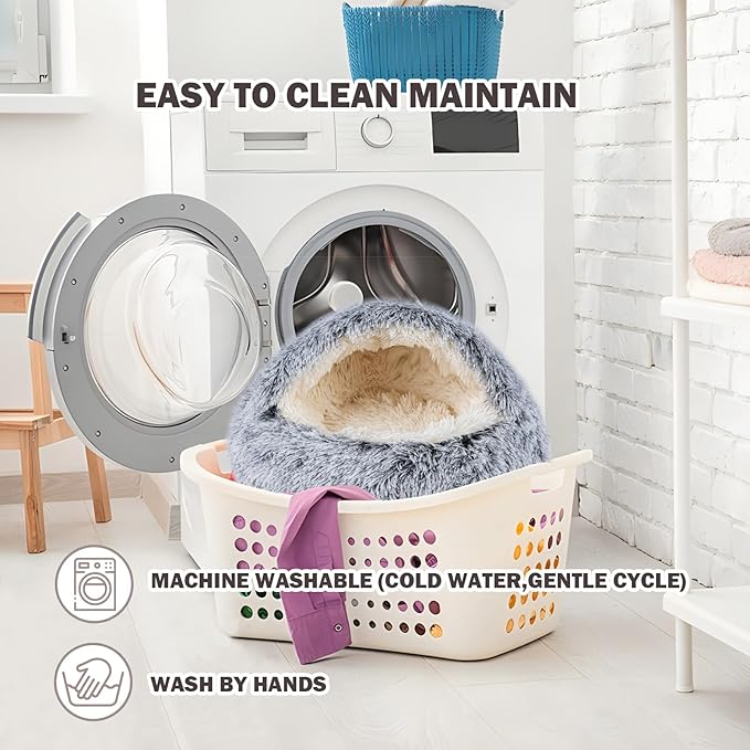 Cat Bed for Indoor Cats, Calming Cozy Cave with Self-Warming Plush, Entire Bed Machine Washable & Anti-Slip Base, Breathable Pet Bed for Small Cats&Dogs All Seasons (Grey, 22 * 22inch)