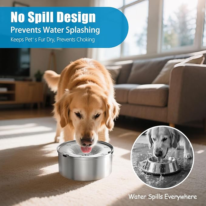 SCHITEC Dog Water Bowl No Spill 101oz / 3L Slow Drinking Anti-Splash Stainless Steel Dog Bowl with Floating Disk, Spill Proof Pet Travel Water Dispenser for Sloppy Messy Drinkers(Light Gray)