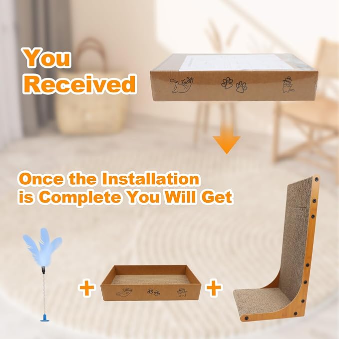 Goosheep 22in L-Shaped Cat Scratcher 2-in1 Scratching Board for Indoor Cats Protecting Furniture Cardboard Box Scratch Pad, Scratching Posts with Feathered Toy