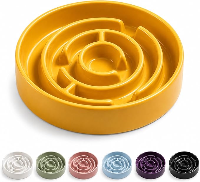 Slow Feeder Dog Bowls, Silicone Dog Bowl with Anti-Slip, Slow Feeder & Non-Slip Design, Boredom and Anxiety Reducer, Suitable for All Breed Dogs and Cat (Ceramic-Yellow)