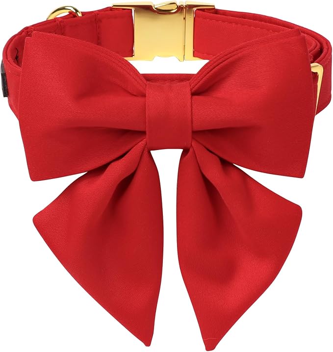Maca Bates Red Dog Collar with Cute Solid Sailor Bow Tie for Medium Girl Boy Dogs,Girly Adjustbale Durable Breakaway Soft Collars with Bowtie for Female Male Puppy,Pet with Metal Buckle