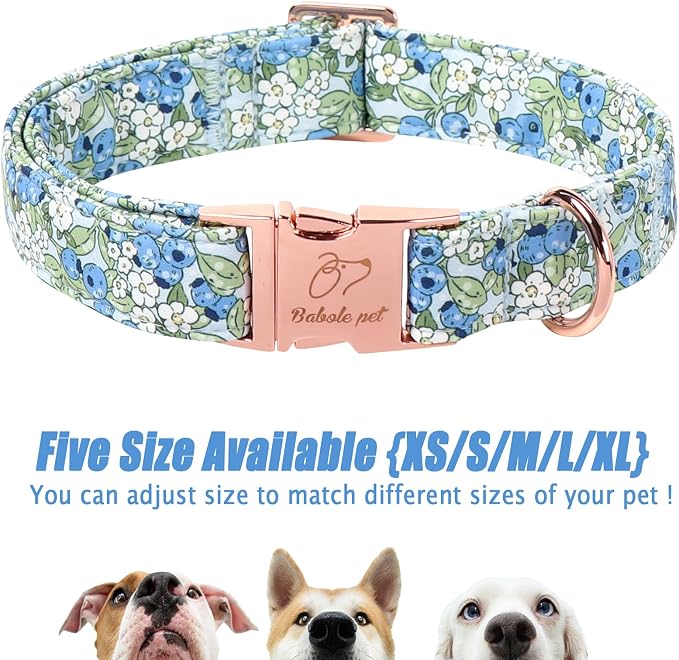 Blueberry Garden Dog Collar, Spring/Summer Cottagecore Floral Dog Collars, Adjustable Heavy Duty Girl Dogs Collar for Small Medium Large Dogs with Metal Buckle M