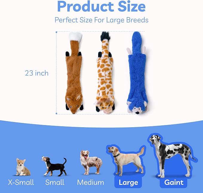 SHARLOVY Dog Squeaky Toys No Stuffing 3 Pack, Plush Crinkle Dog Toys for Large Breed, Durable Doggie Chew Cute Animals Puppy Toy for Teething