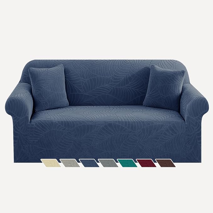 YEMYHOM Couch Cover Latest Jacquard Design High Stretch Sofa Covers for 2 Cushion Couch, Pet Dog Cat Proof Loveseat Slipcover Non Slip Elastic Furniture Protector (Medium, Begonia Leaf Navy)