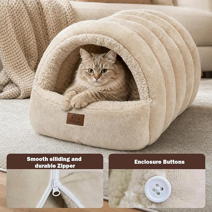 Covered Cat Bed Cave for Indoor Cats, 2-in-1 Enclosed Pet Bed for Kittens with Zippered Washable Cat Mats, Cat House Bed, Beige