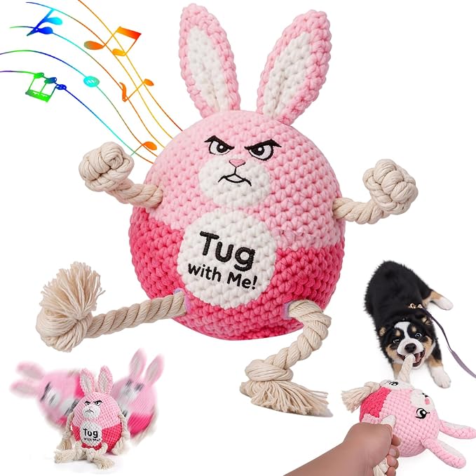 BABORUI Interactive Dog Toys, Easter Squeaky Dog Rope Toys with Recording and Music Modes, Dogs Tug Toy for Small/Medium/Large Dogs to Keep Them Busy (Pink Bunny)