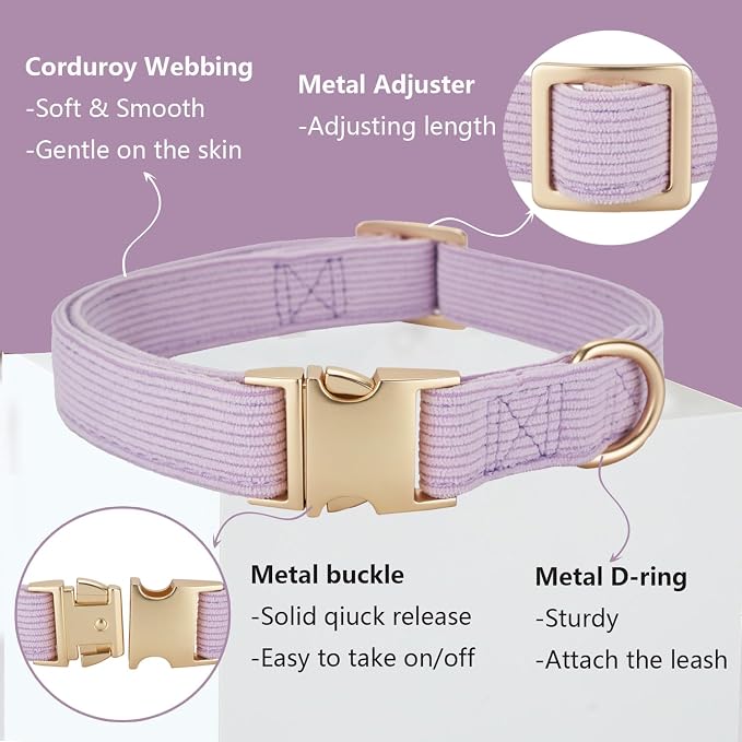 Soft Corduroy Dog Collar and Leash Set Adjustable Durable Dog Collars with Metal Buckle and Lead for Small Dogs,Lilac